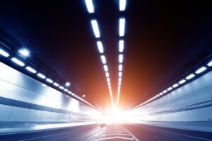The tunnel at night, the lights formed a line.